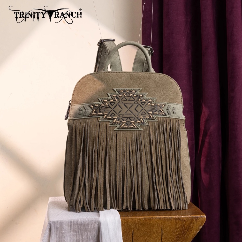 Trinity Ranch Aztec Tooled Fringe Concealed Carry Backpack Green